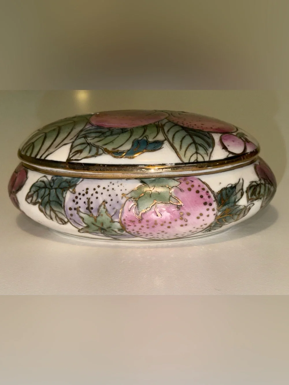 Vtg Toyo China Oval Porcelain Box Enamel Peaches & Fruit Motif Dish w/ gold trim